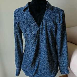 LONG SLEEVE BLUE/WHT PRINT BLOUSE